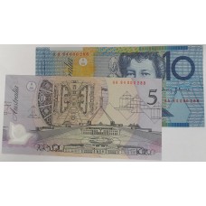 AUSTRALIA 1994 . FIVE 5 and TEN 10 DOLLAR BANKNOTES . RED LOW SERIAL MATCHING NUMBERS